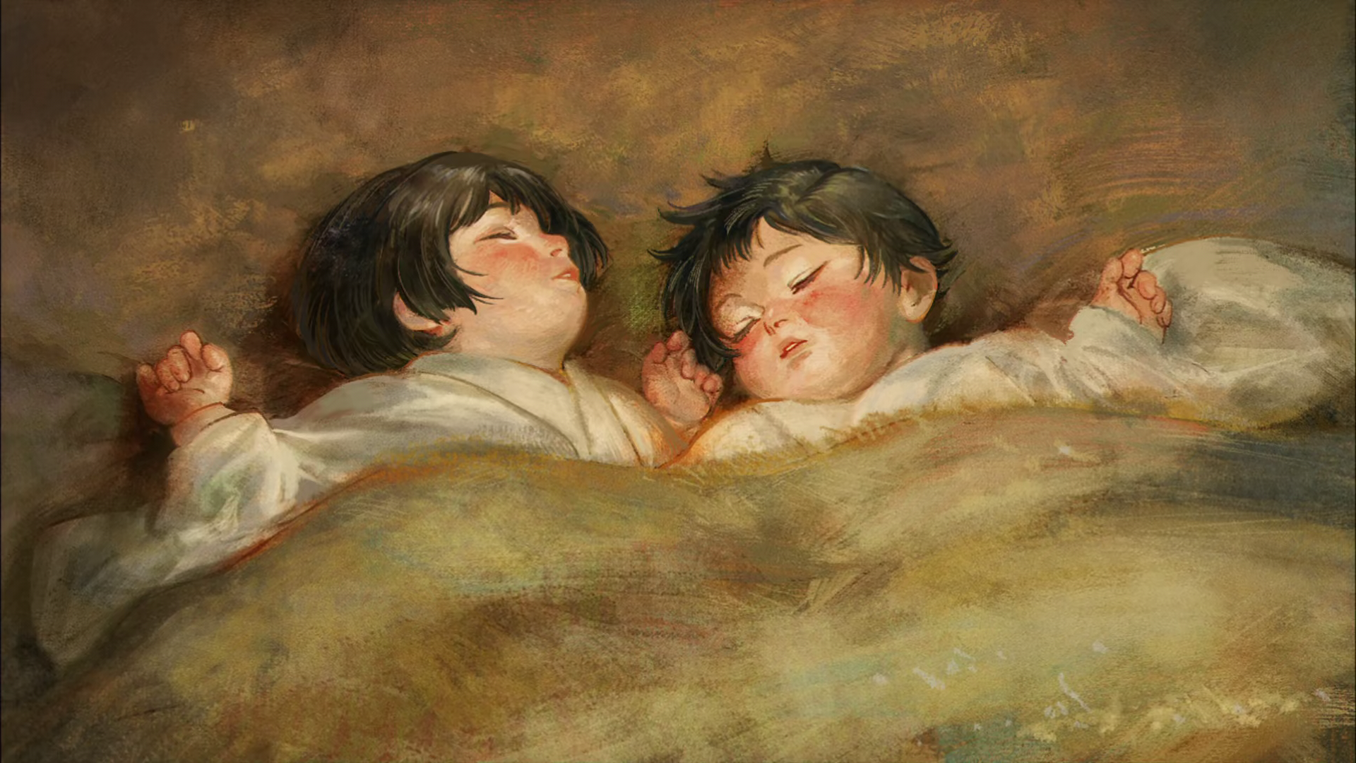 fushiguro megumi, fushiguro tsumiki, jujutsu kaisen, anime screenshot, highres, official art, aged down, baby, black hair, blanket, closed eyes, lips, medium hair, nose, robe, short hair