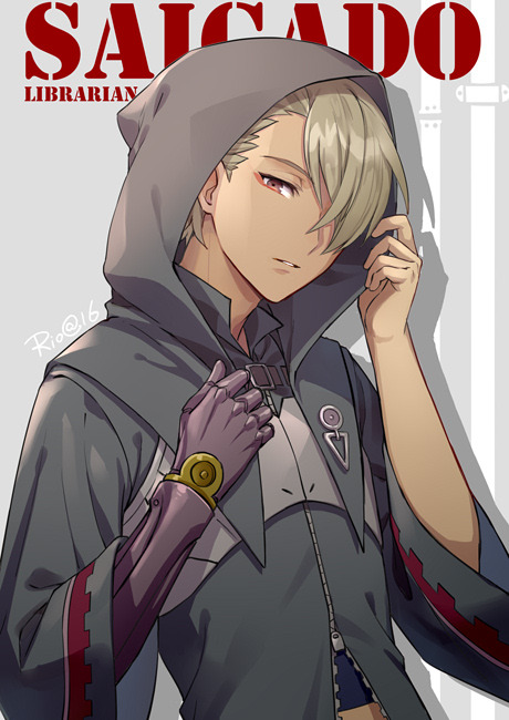 chocomirukuaji, salgado, unlight, 1boy, black jacket, blonde hair, brown eyes, detached hood, eyeliner, hair over one eye, jacket, makeup, male focus, mechanical arms, red eyeliner, single mechanical arm, solo