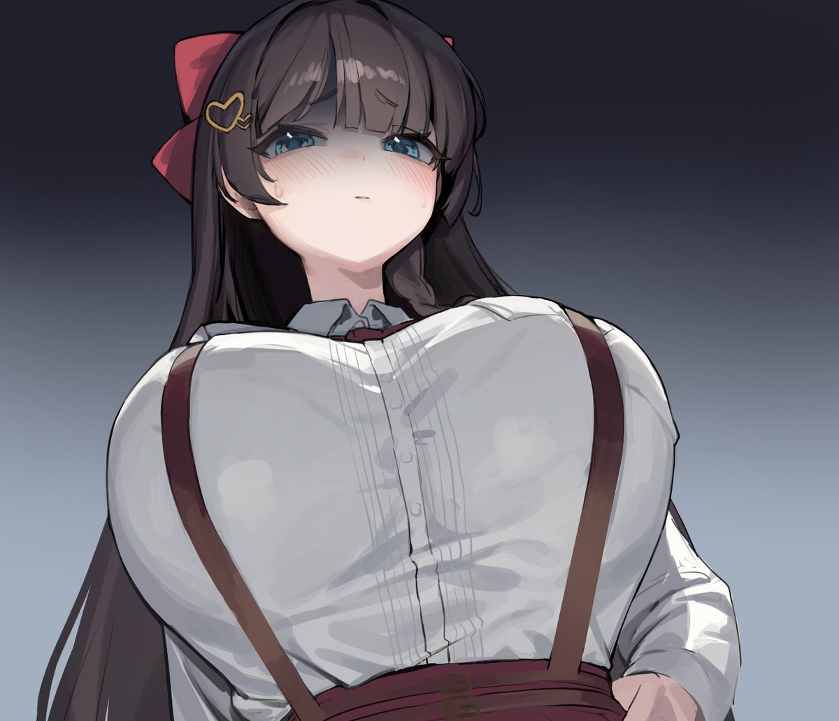 apopo, shirayuki hina, stellive, hashtag-only commentary, 1girl, black background, black hair, blue eyes, blush, breasts, closed mouth, collared shirt, from below, gradient background, grey background, hair ornament, heart, heart hair ornament, huge breasts, long hair, long sleeves, looking at viewer, looking down, raised inner eyebrows, shaded face, shirt, short eyebrows, solo, straight hair, suspenders, upper body, virtual youtuber, white shirt