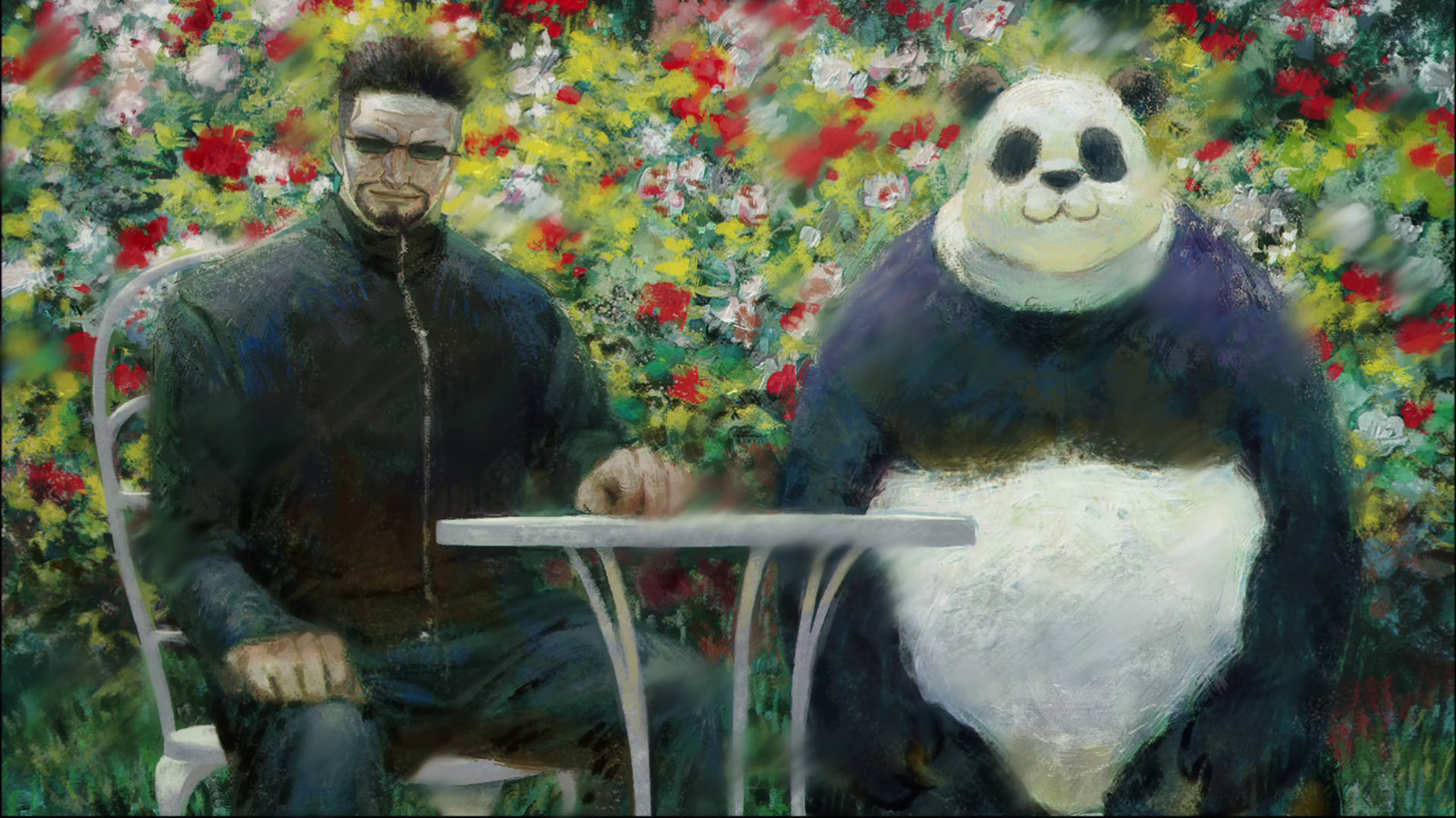 panda (jujutsu kaisen), yaga masamichi, jujutsu kaisen, anime screenshot, highres, official art, beard, black hair, black jacket, facial hair, flower, hand on table, jacket, looking at viewer, outdoors, panda, short hair, sitting, smile, sunglasses, table, zipper