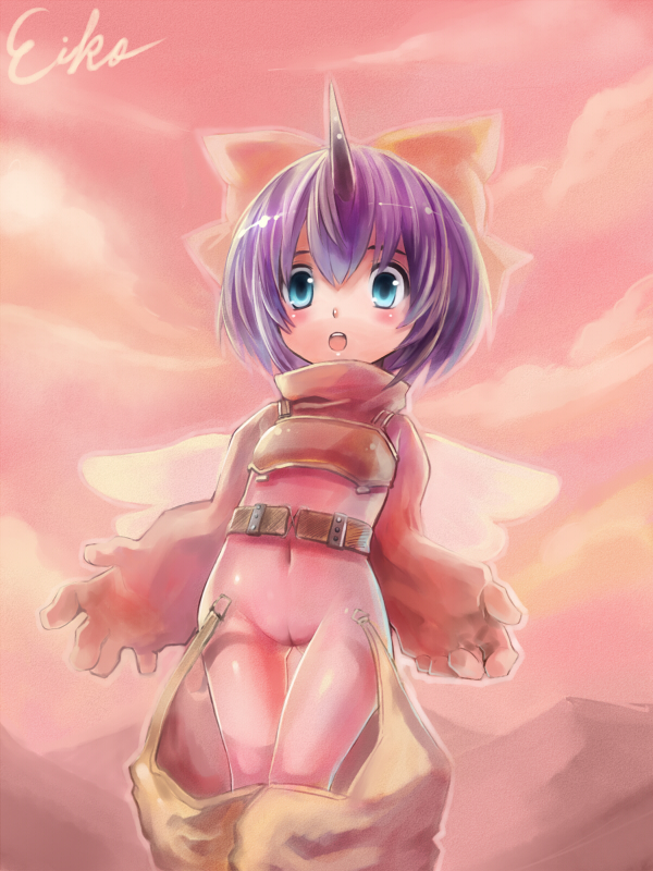 edobox, eiko carol, final fantasy, final fantasy ix, 00s, 1girl, :o, blue eyes, blue hair, bodysuit, bow, cameltoe, character name, female focus, horns, loli, matching hair/eyes, navel, no panties, open mouth, pink bodysuit, purple hair, pussy, ribbon, short hair, single horn, solo, thigh gap, thighs, uncensored, wardrobe malfunction, wings, yellow bow