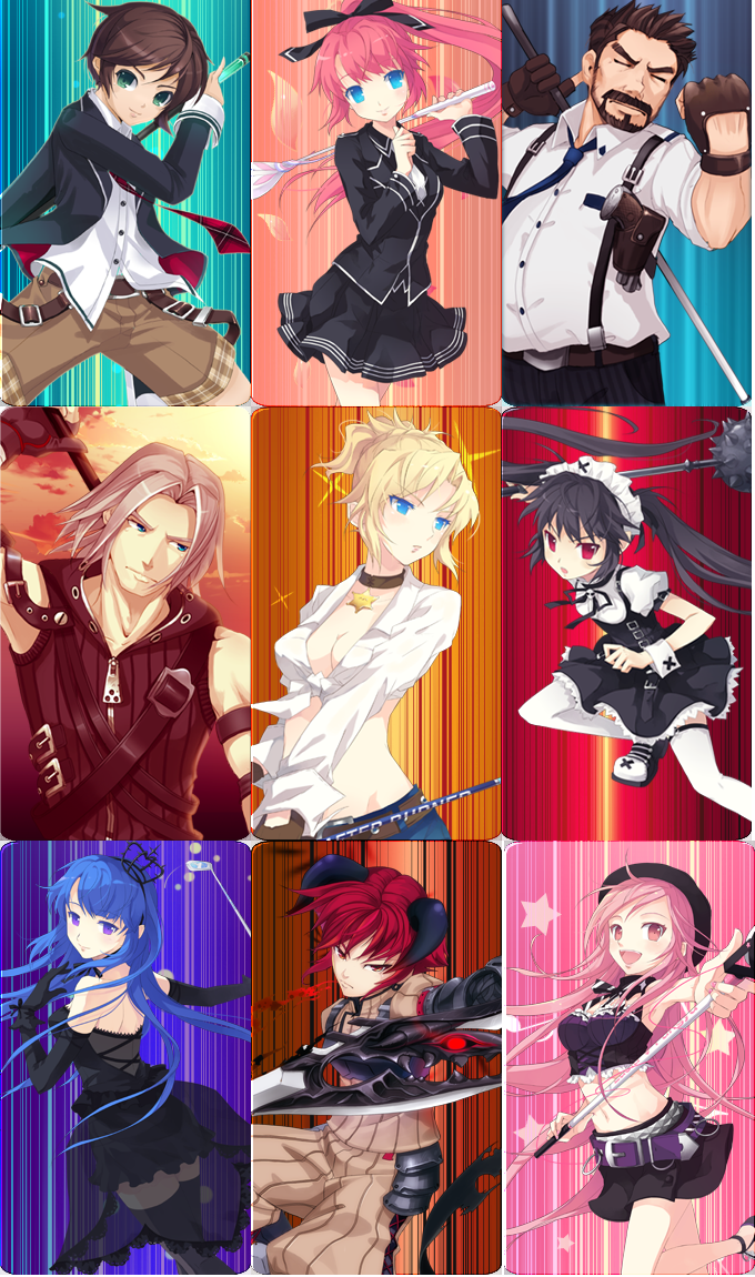 hana, lee byung hee, arin (pangya), azer (pangya), cecilia, cecilia (pangya), hana (pangya), kaz (pangya), kooh (pangya), lucia, lucia (pangya), max, max (pangya), nuri (pangya), pangya, 4boys, 5girls, beard, black hair, blue eyes, blue hair, buttons, everyone, facial hair, horns, long sleeves, looking at viewer, maid headdress, multiple boys, multiple girls, pink hair, ponytail, red hair, short hair, suspenders