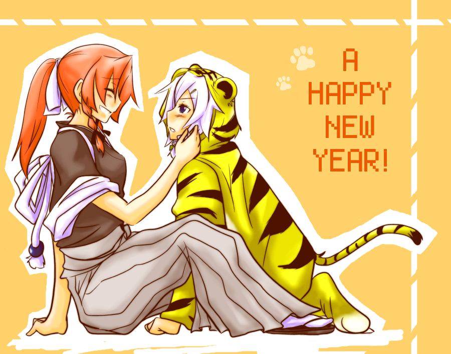 inukoro, inukoro (wolf), hong meiling, izayoi sakuya, embodiment of scarlet devil, touhou, bad id, bad pixiv id, 10s, 2010, 2girls, alternate hairstyle, animal costume, animal print, female focus, multiple girls, new year, ponytail, tiger costume, tiger print