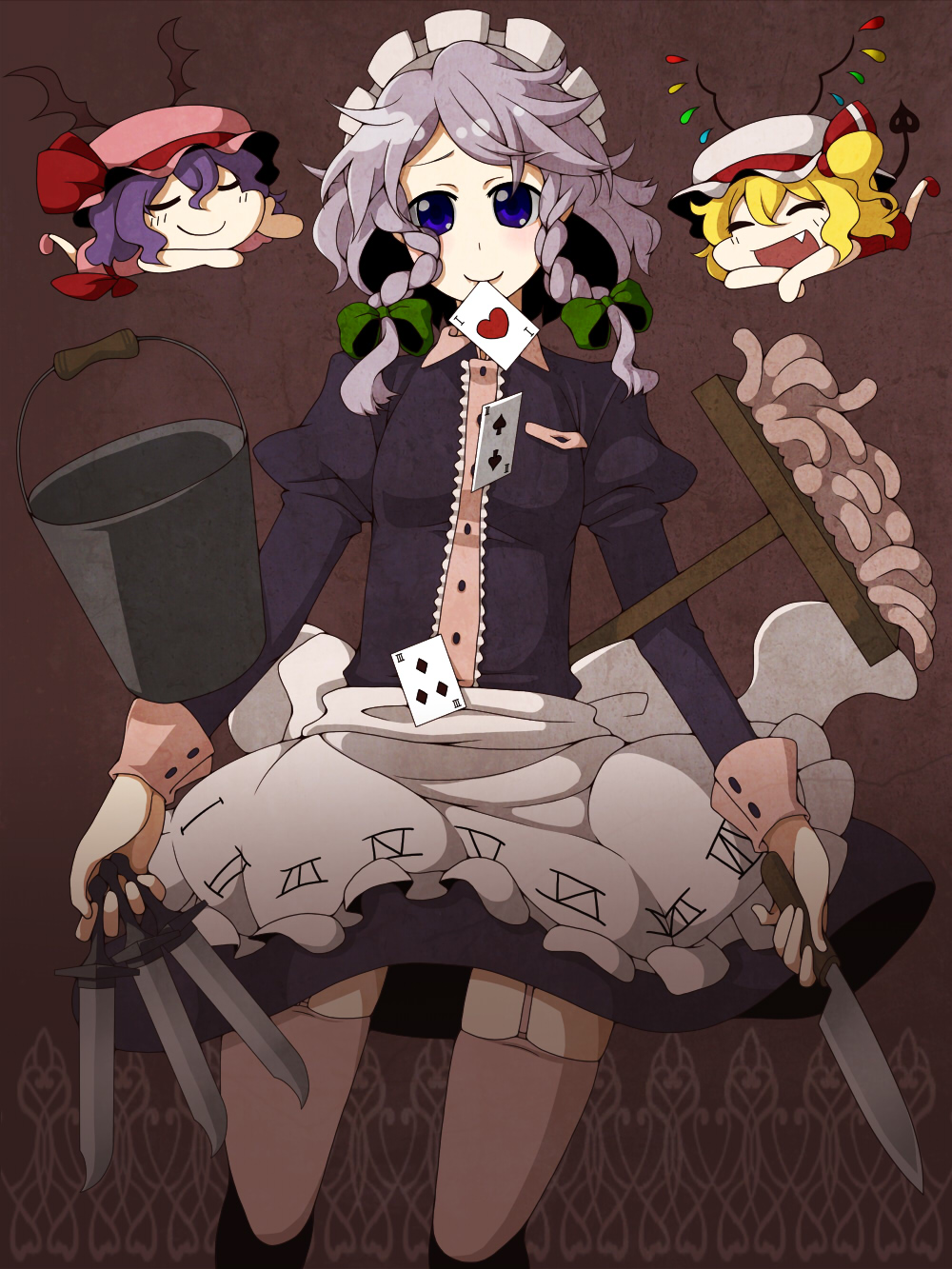 tsumidango, flandre scarlet, izayoi sakuya, remilia scarlet, touhou, bad id, bad pixiv id, highres, 3girls, card, chibi, female focus, floating card, garter straps, hairband, hat, knife, maid, mob cap, mop, mouth hold, multiple girls, ribbon, thighhighs, throwing knife, weapon