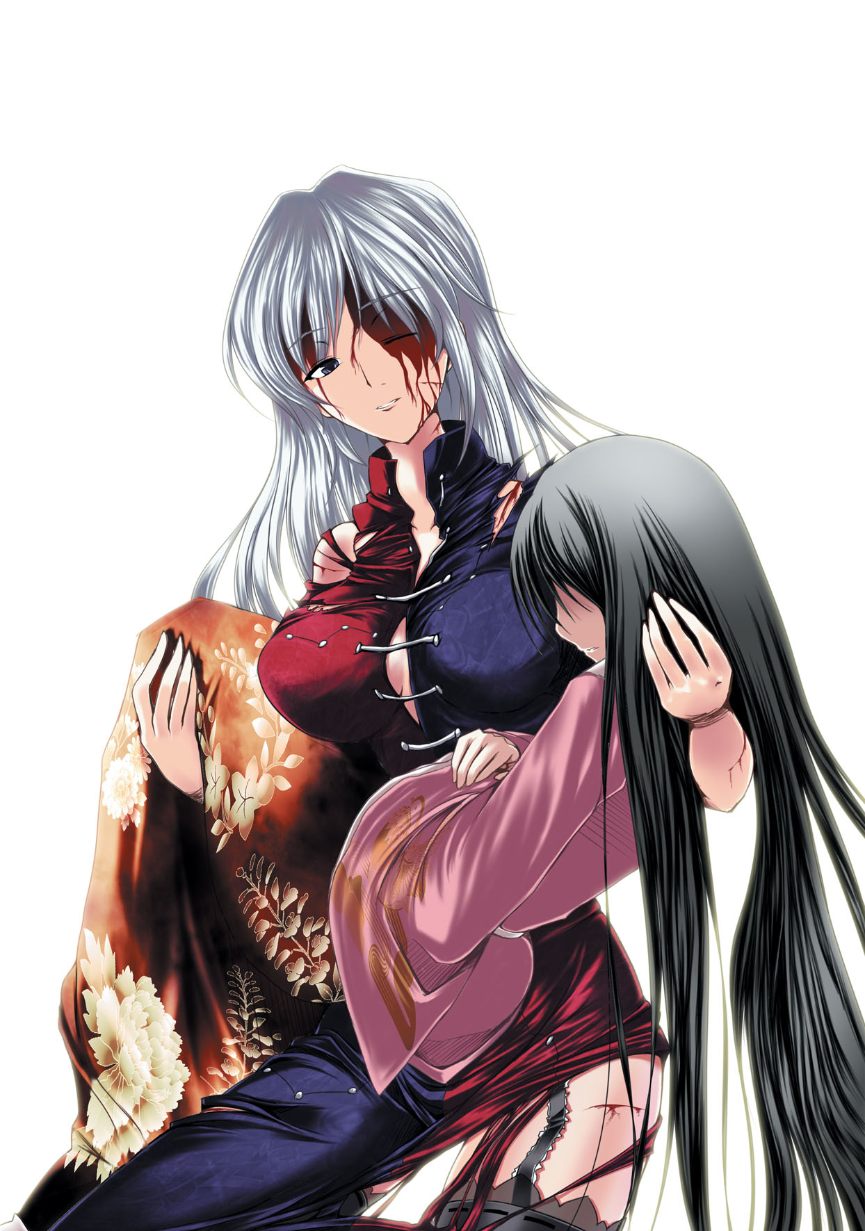 wakanita, houraisan kaguya, yagokoro eirin, touhou, silver hair, highres, 2girls, black hair, blood, breasts, female focus, garter straps, hair down, injury, large breasts, long hair, multiple girls, thighhighs, torn clothes