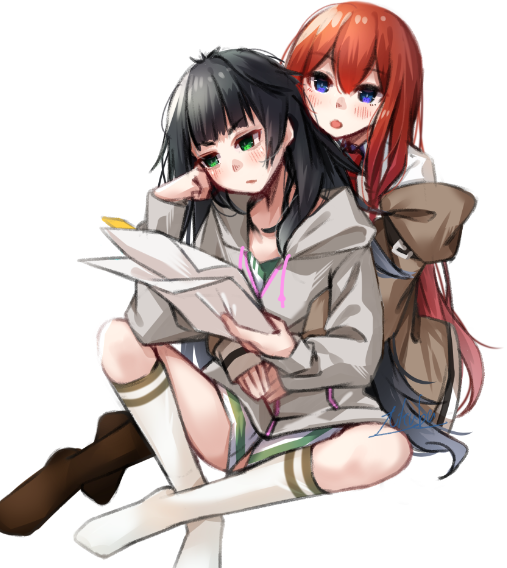 yakku, hiyajou maho, makise kurisu, science adventure, steins;gate, steins;gate 0, commentary request, 2girls, :o, blunt bangs, blush, brown hair, button dress, green eyes, green hair, hair between eyes, hug, hug from behind, kneehighs, long hair, long sleeves, multiple girls, no shoes, open mouth, purple eyes, shorts, simple background, sitting, smile, socks, striped clothes, striped socks, thighs, white background