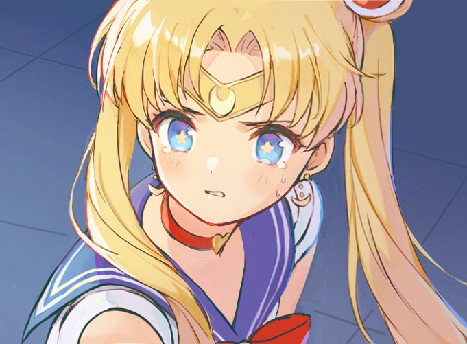 chocomirukuaji, sailor moon, tsukino usagi, bishoujo senshi sailor moon, derivative work, screenshot redraw, 1girl, blonde hair, blue eyes, blue sailor collar, choker, circlet, crescent, double bun, hair bun, heart, heart choker, long hair, meme, portrait, red choker, sailor collar, sailor moon redraw challenge (meme), solo, star-shaped pupils, star (symbol), sweat, symbol-shaped pupils, tearing up, twintails