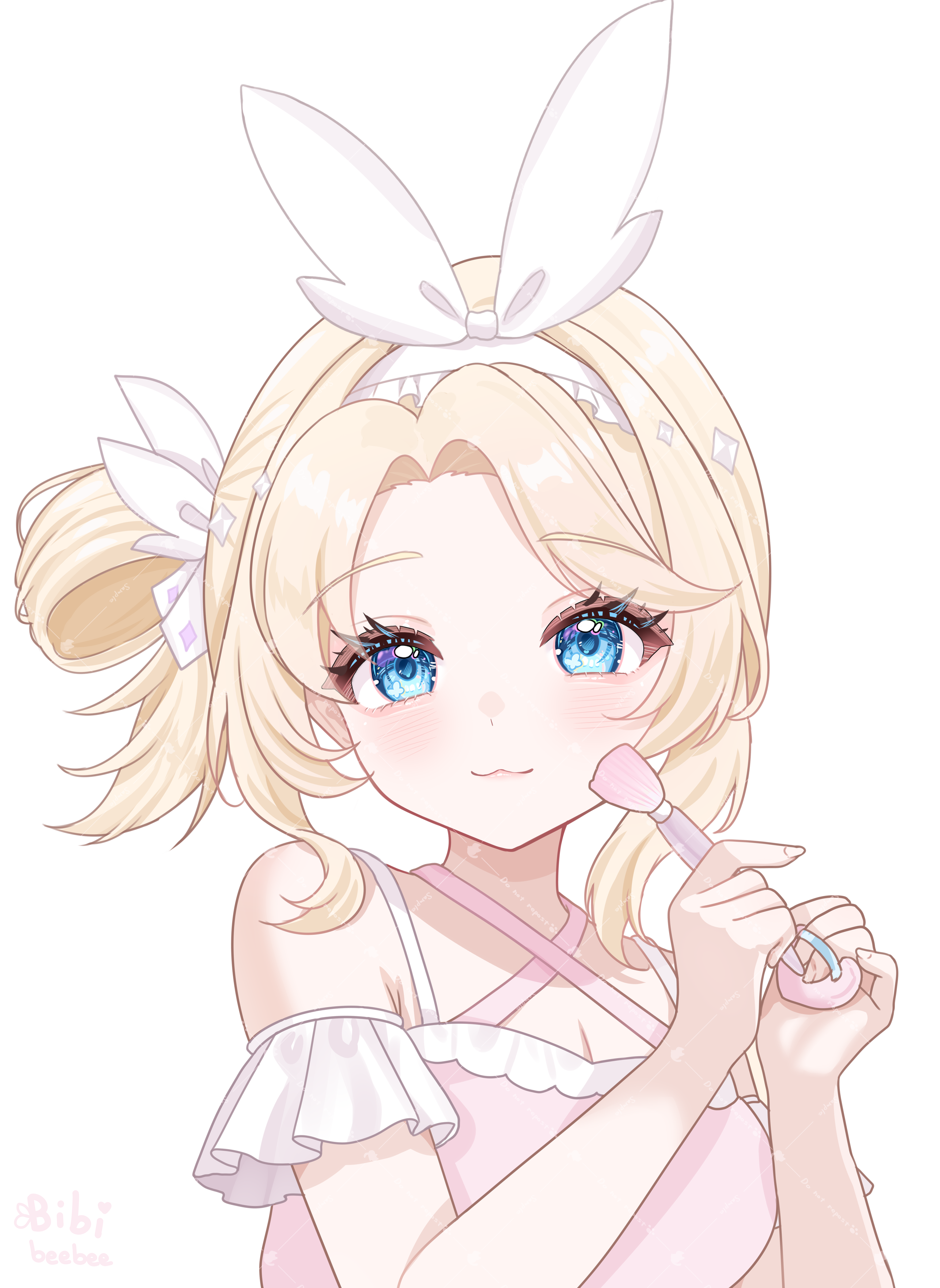 bibixart, absurdres, commission, highres, 1girl, :3, bare shoulders, blonde hair, blue eyes, blush, breasts, camisole, cleavage, criss-cross halter, fingernails, halterneck, hands up, holding, looking at viewer, medium breasts, parted bangs, pink camisole, simple background, solo, upper body, virtual youtuber, white background, white nails