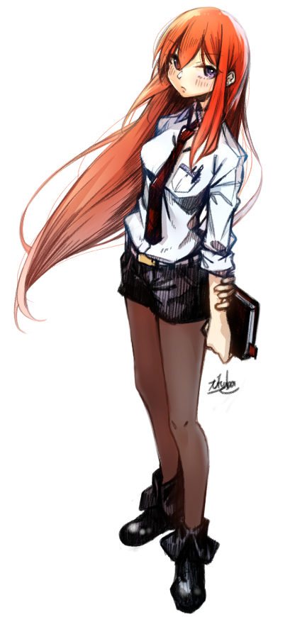 yakku, makise kurisu, science adventure, steins;gate, commentary request, 1girl, blush, brown hair, dress, full body, holding, holding notebook, long hair, long sleeves, looking at viewer, necktie, no jacket, notebook, pantyhose, purple eyes, shirt, simple background, smile, solo, standing, white background, white dress