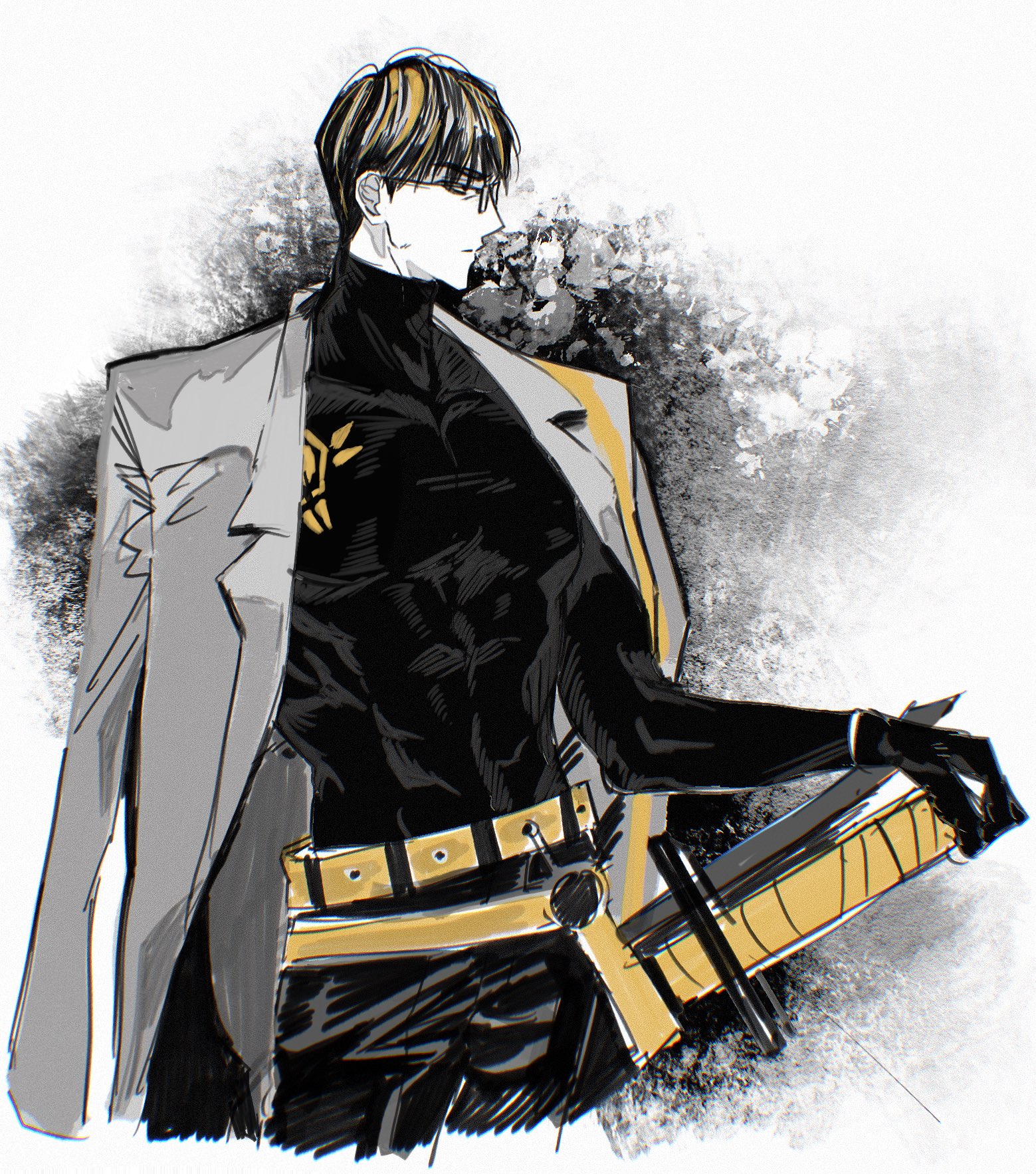 chanil (muexlku), limbus company, project moon, commentary request, highres, korean commentary, 1boy, belt, black gloves, black hair, black pants, black shirt, blonde hair, closed mouth, coat, coat on shoulders, compression shirt, covered abs, cowboy shot, cropped legs, glasses, gloves, grey coat, hand on hilt, male focus, multicolored hair, muscular, muscular male, pants, pectorals, profile, sheath, sheathed, shirt, short hair, skin tight, solo, streaked hair, sword, vespa crabro, weapon, white background, yellow belt