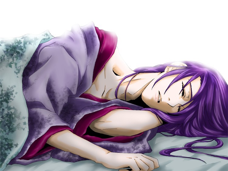 kamui gakupo, vocaloid, 1boy, japanese clothes, kimono, long hair, lying, male focus, purple hair, sleeping, solo, very long hair, white background