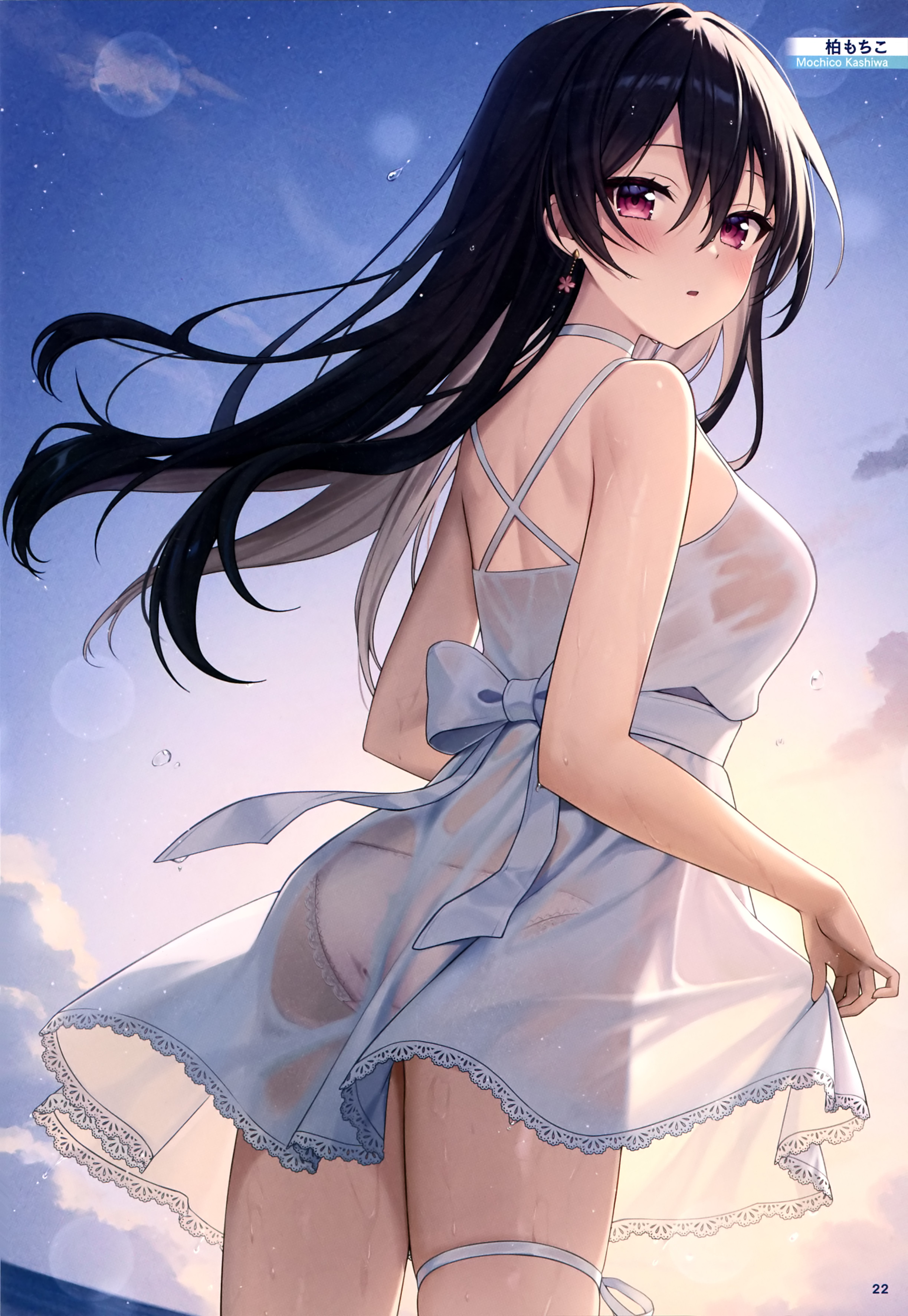 mochiko (uyu omochi), dengeki moeoh, original, absurdres, highres, magazine scan, scan, third-party source, 1girl, artist name, ass, black hair, blue sky, blush, breasts, choker, cowboy shot, dress, earrings, from behind, hair between eyes, jewelry, large breasts, long hair, looking at viewer, looking back, outdoors, page number, panties visible through clothes, parted lips, red eyes, see-through clothes, see-through dress, shiny skin, short dress, skirt hold, sky, sleeveless, sleeveless dress, solo, straight hair, sunlight, thigh strap, water drop, wet, wet clothes, wet dress, wet hair, white choker, white dress