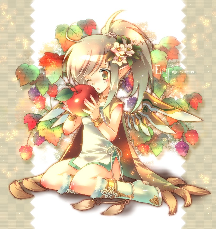 mariko (leda), eiry, mabinogi, 1girl, ahoge, apple, berry, brown hair, cape, female focus, flower, food, fruit, full body, hair flower, hair ornament, leaf, open mouth, pointy ears, ponytail, sitting, solo, wings, wink