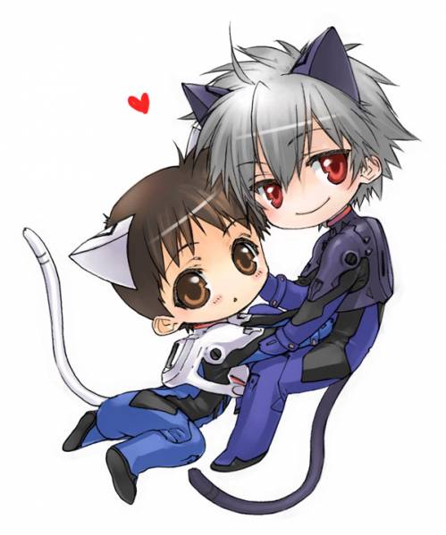 toujou sakana, ikari shinji, nagisa kaworu, neon genesis evangelion, silver hair, 2boys, androgynous, animal ears, blush, brown eyes, brown hair, cat boy, cat ears, cat tail, chibi, heart, interface headset (evangelion), male focus, mecha pilot suit, multiple boys, plugsuit (evangelion), red eyes, simple background, smile, spandex, tail