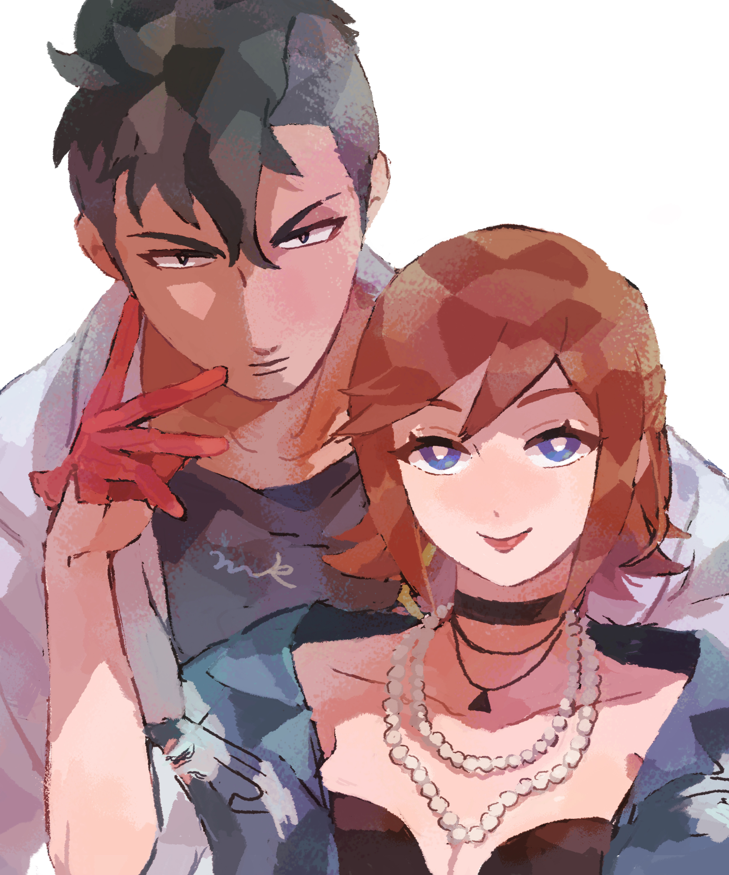 ro (tuyu 416), kaname buccaneer, messer ihlefeld, macross, macross delta, absurdres, highres, 1boy, 1girl, black hair, blue eyes, breasts, cleavage, gloves, half gloves, hand on another's face, jacket, jewelry, mohawk, necklace, pearl necklace, smile