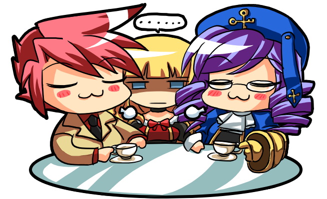 rayno, beatrice (umineko), dlanor a. knox, eiserne jungfrau, ushiromiya battler, umineko no naku koro ni, 00s, 1boy, 2girls, :3, :|, blonde hair, blue eyes, blush, chibi, closed eyes, closed mouth, cup, drill hair, formal clothes, glasses, multiple girls, purple hair, red hair, suit, tea, teacup