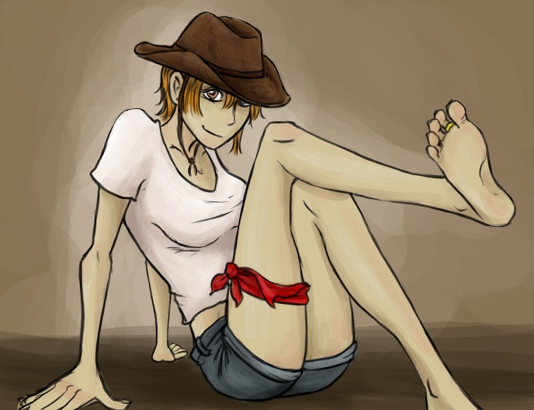 nami (one piece), one piece, 1girl, barefoot, cowboy hat, cowboy western, crossed legs, denim, denim shorts, feet, female focus, flirting, hat, jewelry, midriff, orange hair, ring, scarf, shirt, short hair, shorts, sitting, soles, solo, stampede string, t-shirt, thigh strap, toe ring, toes, white shirt