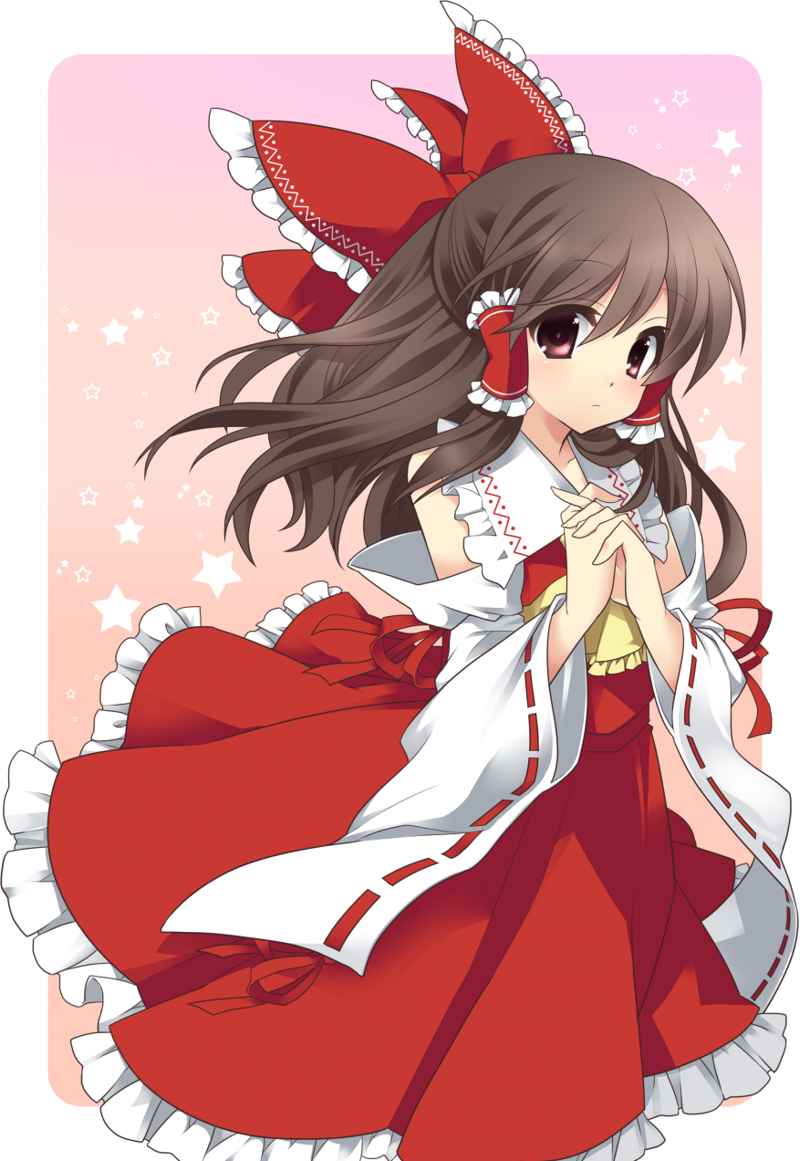 etou (cherry7), masaru.jp, hakurei reimu, touhou, bad id, bad pixiv id, colorized, highres, 1girl, ascot, bow, brown hair, detached sleeves, female focus, hair bow, half updo, japanese clothes, miko, own hands clasped, own hands together, pink eyes, solo, yellow ascot