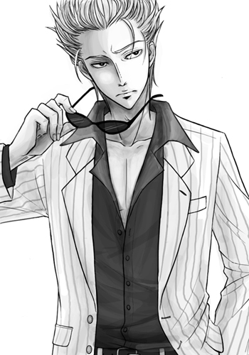 ichigou (pixiv), hirayama yukio, akagi, akagi: yami ni oritatta tensai, fukumoto mahjong, striped, bad id, bad pixiv id, lowres, 1boy, coat, collarbone, formal clothes, greyscale, male focus, monochrome, open clothes, open shirt, pinstripe pattern, pinstripe suit, shirt, solo, suit, sunglasses
