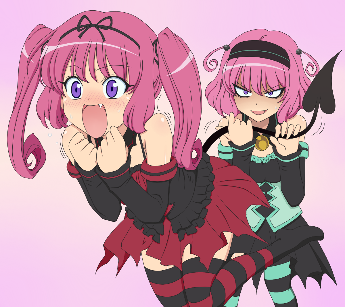 momo velia deviluke, nana asta deviluke, to love-ru, striped legwear, colorized, official art, 00s, 2girls, angry, blush, demon tail, fang, hairband, long hair, multiple girls, purple eyes, purple hair, short hair, siblings, sisters, striped clothes, striped thighhighs, tail, tail fondling, tail grab, thighhighs, twins, twintails
