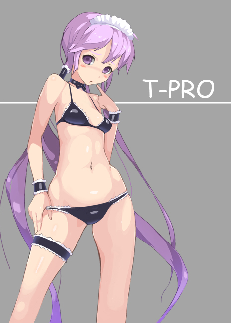 kawa akira, bikini, black bikini, long hair, lowleg, lowleg bikini, maid, maid bikini, purple eyes, purple hair, solo, swimsuit, unconventional maid, very long hair, wristband