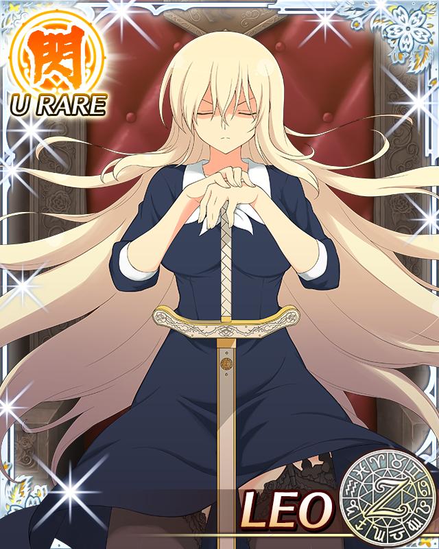 leo (senran kagura), senran kagura, senran kagura new wave, official art, 1girl, aquarius (symbol), aries (symbol), black garter straps, black thighhighs, blonde hair, blue dress, border, breasts, cancer (symbol), capricorn (symbol), card (medium), character name, closed eyes, closed mouth, dodecagram, dress, floating hair, garter straps, gemini (symbol), hair between eyes, hands on hilt, holding, holding sword, holding weapon, kiritsusei juuji academy school uniform, lace, lace-trimmed thighhighs, lace trim, large breasts, leo (symbol), libra (symbol), long hair, pisces (symbol), planted, planted sword, planted weapon, sagittarius (symbol), scabbard, school emblem, school uniform, scorpio (symbol), serious, sheath, sheathed, solo, sparkle, standing, sword, taurus (symbol), thighhighs, v-shaped eyebrows, very long hair, virgo (symbol), weapon, zodiac wheel