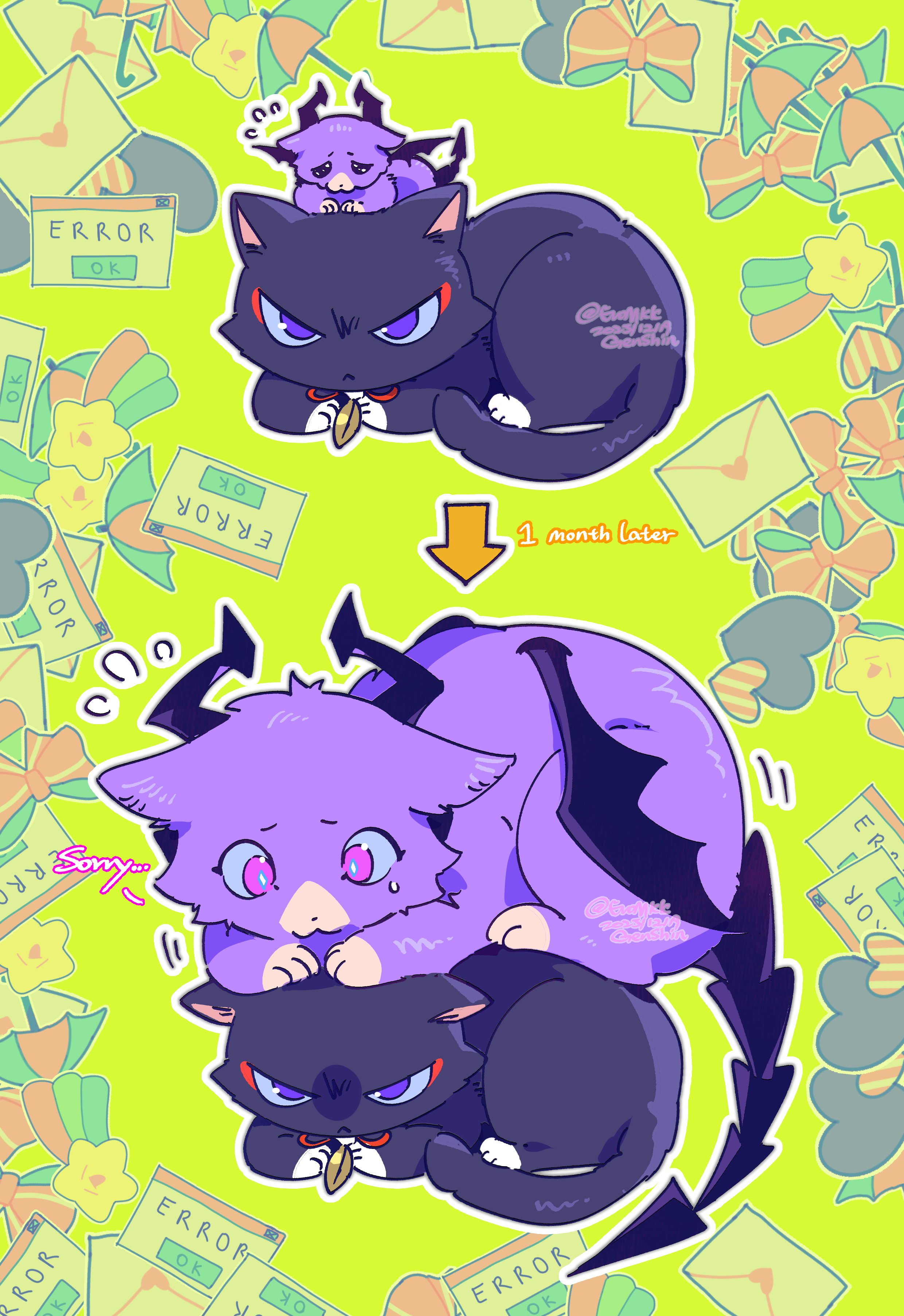 eromkk, durin (genshin impact), scaramouche (cat) (genshin impact), scaramouche (genshin impact), genshin impact, absurdres, hashtag-only commentary, highres, 2others, animal focus, bell, cat, cat tail, heart, horns, letter, looking at another, looking at viewer, multiple others, pink eyes, tail, watermark, wings, yellow eyes