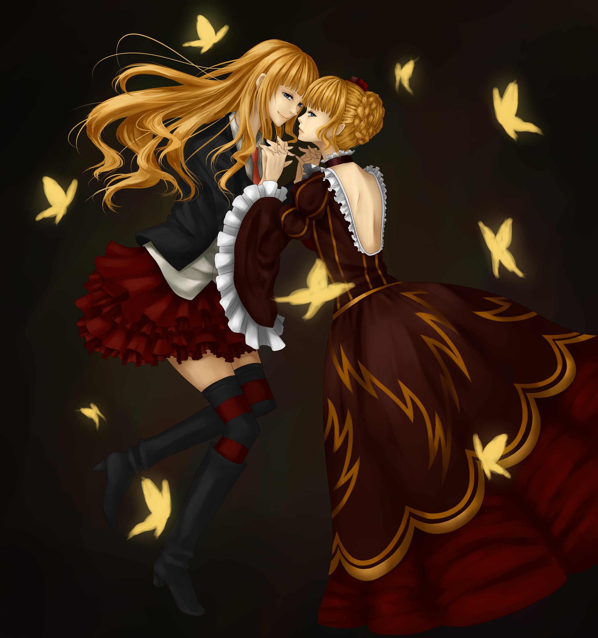 yan (ka yan), beatrice (umineko), umineko no naku koro ni, european clothes, highres, 00s, 2girls, blonde hair, blue eyes, boots, bug, butterfly, dress, dual persona, formal clothes, holding hands, insect, knee boots, long hair, multiple girls, necktie, skirt, smile, suit, thighhighs, zettai ryouiki
