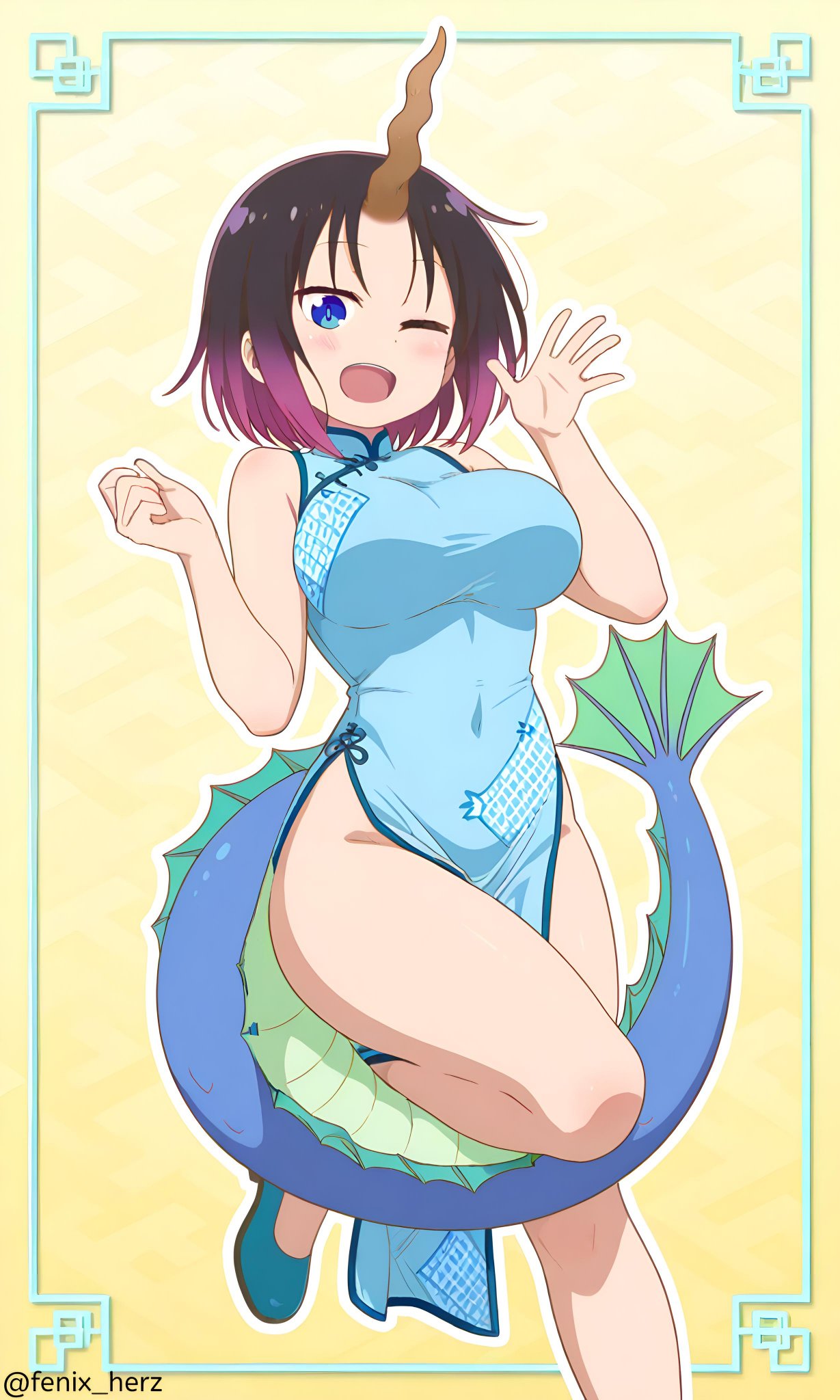 fenix herz, elma (maidragon), kobayashi-san chi no maidragon, 1girl, bare legs, bare shoulders, blue eyes, blush, breasts, china dress, chinese clothes, dot nose, dragon girl, dragon horns, dragon tail, dress, female focus, forehead, horns, large breasts, legs, multicolored hair, no socks, one eye closed, open mouth, short hair, solo, standing, standing on one leg, tail, teeth, twitter username