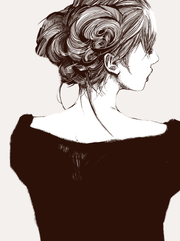 oga, ogasa shin, original, traditional media, 1girl, female focus, from behind, monochrome, nape, neck, solo
