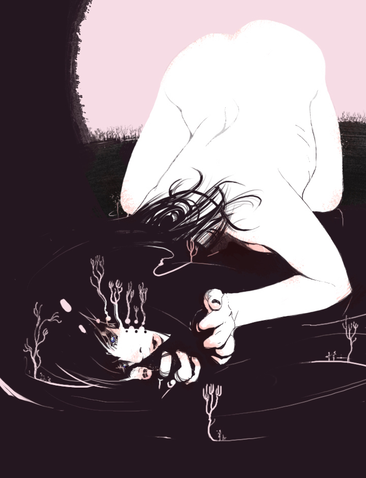 oga, ogasa shin, original, traditional media, 1girl, black hair, blue eyes, female focus, lying, monochrome, nude, pink theme, solo, spot color