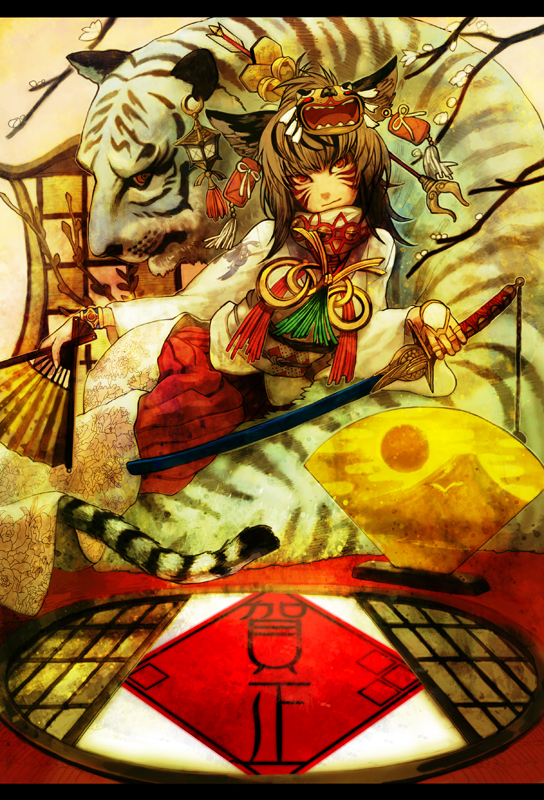 lack, original, 1girl, animal ears, brown hair, cat ears, cat tail, female focus, hand fan, japanese clothes, mount fuji, new year, red eyes, solo, sword, tail, tiger, weapon