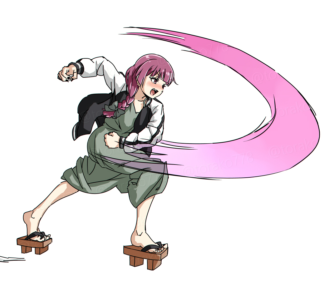torako (toramaru), hiroi kikuri, bocchi the rock!, dnf duel, dungeon and fighter, 1girl, black jacket, braid, clenched hand, dress, fighting game, full body, geta, green dress, jacket, punching, purple eyes, purple hair, side braid, simple background, solo, white background, white jacket