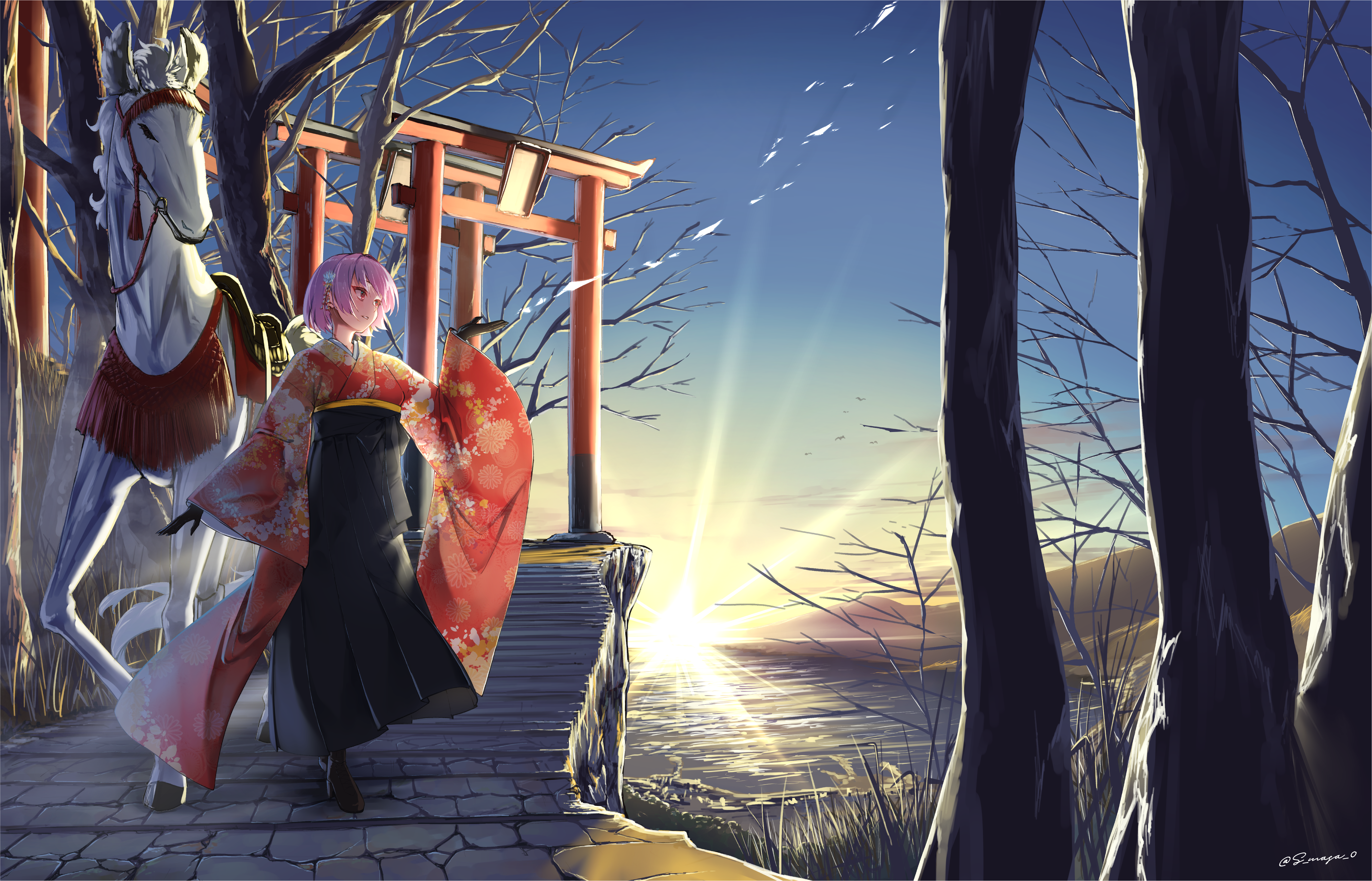 s-masa 7131, absurdres, commentary request, highres, 1girl, 2026, backlighting, brick stairs, hakama, horse, japanese clothes, kimono, multiple torii, parted lips, pink hair, red eyes, red kimono, scenery, short hair, signature, stairs, standing, sunrise, torii, white horse