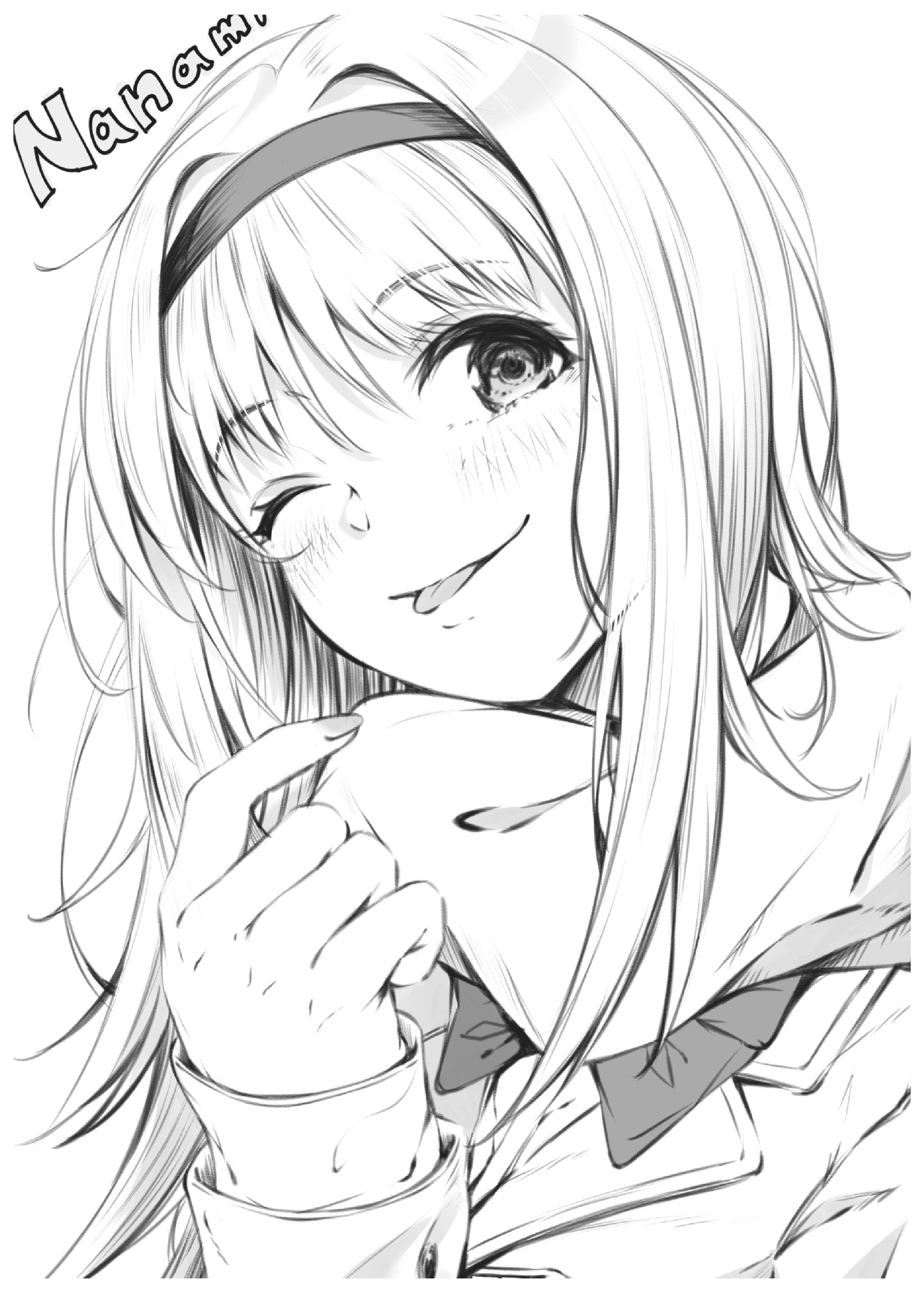 yakku, nishijou nanami, chaos;head, science adventure, absurdres, commentary request, highres, 1girl, blazer, blush, bow, chest bow, dress shirt, greyscale, hair between eyes, hairband, jacket, long hair, long sleeves, looking at viewer, monochrome, one eye closed, scarf, school uniform, shirt, simple background, smile, solo, suimei academy school uniform, tongue, tongue out, upper body, white background, white scarf
