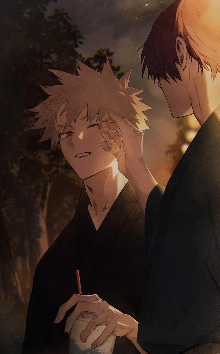 umi (ul8nl), bakugou katsuki, todoroki shoto, boku no hero academia, 2boys, arm up, black kimono, blonde hair, blue kimono, cloud, cloudy sky, cup, drinking straw, hand in own hair, holding, holding cup, japanese clothes, kimono, long sleeves, looking at another, looking to the side, male focus, multicolored hair, multiple boys, night, one eye closed, outdoors, parted lips, red eyes, red hair, short hair, sideways glance, sky, spiked hair, split-color hair, tree, upper body, yaoi, yukata