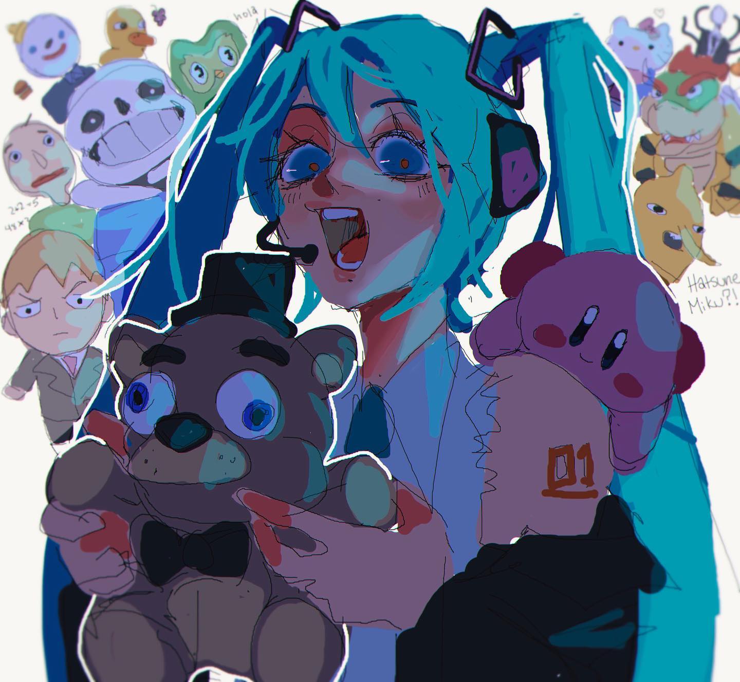 orangeartsy, baldi, bowser, duo (duolingo), earl of lemongrab, freddy fazbear, hatsune miku, hello kitty (character), jack box, kirby, reigen arataka, sans (undertale), slender man, adventure time, baldi's basics, creepypasta, duolingo, five nights at freddy's, jack in the box (restaurant), mario (series), mob psycho 100, nintendo, sanrio, undertale, utdr (toby fox), vocaloid, highres, 1girl, 6+boys, aqua eyes, aqua hair, bootleg, character name, duck (the duck song), holding, holding stuffed toy, multiple boys, stuffed animal, stuffed toy, surprised, the duck song, white background