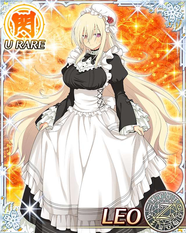 leo (senran kagura), senran kagura, senran kagura new wave, official art, 1girl, alternate costume, apron, aquarius (symbol), aries (symbol), black dress, blonde hair, blush, breasts, cancer (symbol), capricorn (symbol), card (medium), corset, curtsey, dodecagram, dress, enmaided, flower, frilled apron, frills, gemini (symbol), hair between eyes, hat, hat flower, juliet sleeves, large breasts, leo (symbol), libra (symbol), long hair, long sleeves, looking at viewer, maid, maid apron, mob cap, orange background, outside border, pisces (symbol), puffy sleeves, purple eyes, red flower, red rose, rose, sagittarius (symbol), school emblem, scorpio (symbol), smile, solo, taurus (symbol), underbust, very long hair, virgo (symbol), white apron, white corset, zodiac wheel