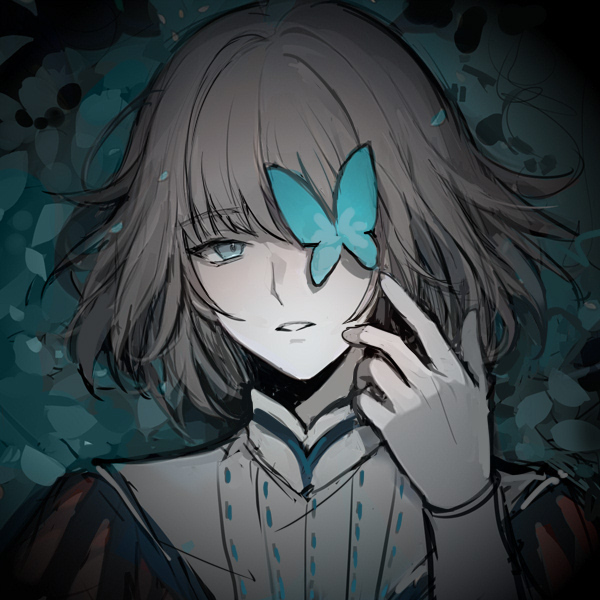 chocomirukuaji, oberon (fate), oberon (third ascension) (fate), fate/grand order, fate (series), 1boy, black hair, blush, bug, butterfly, butterfly on face, insect, male focus, medium hair, pale skin, portrait, solo