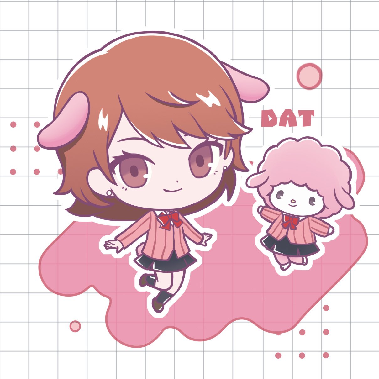 da-cart, my sweet piano, takeba yukari, onegai my melody, persona, persona 3, sanrio, commentary, highres, 1girl, 1other, animal ears, artist name, black skirt, black socks, bow, bowtie, brown eyes, brown hair, brown shoes, cardigan, checkered background, closed mouth, collared shirt, cosplay, earrings, extra ears, full body, gekkoukan high school uniform, jewelry, long sleeves, looking at viewer, miniskirt, pink cardigan, pleated skirt, red bow, red bowtie, ribbed cardigan, school uniform, sheep, sheep ears, shirt, shoes, short hair, skirt, smile, socks, stud earrings, takeba yukari (cosplay), white shirt