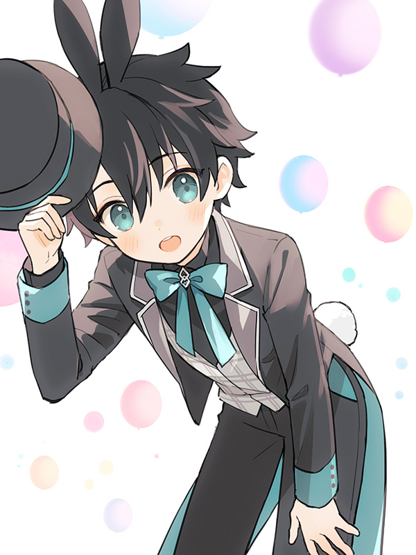 chocomirukuaji, fujimaru ritsuka (male), fujimaru ritsuka (male) (love it), fate/grand order, fate (series), 1boy, animal ears, balcony, bent over, black coat, black shirt, blue bow, blue bowtie, blue eyes, bow, bowtie, coat, hand on own knee, hat, holding, holding unworn clothes, holding unworn hat, kemonomimi mode, male focus, open mouth, rabbit boy, rabbit ears, rabbit tail, round teeth, shirt, smile, solo, tail, teeth, top hat, tuxedo, unworn hat, unworn headwear, upper teeth only, vest, white vest