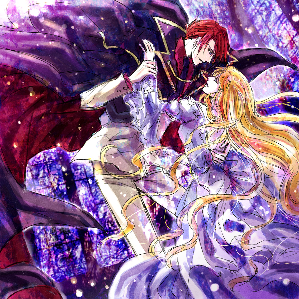 kaoru, beatrice (umineko), ushiromiya battler, umineko no naku koro ni, bad id, bad pixiv id, 00s, blonde hair, cape, church, cloak, dress, eye contact, formal clothes, hand grab, holding, long hair, looking at another, necktie, red hair, short hair, white dress
