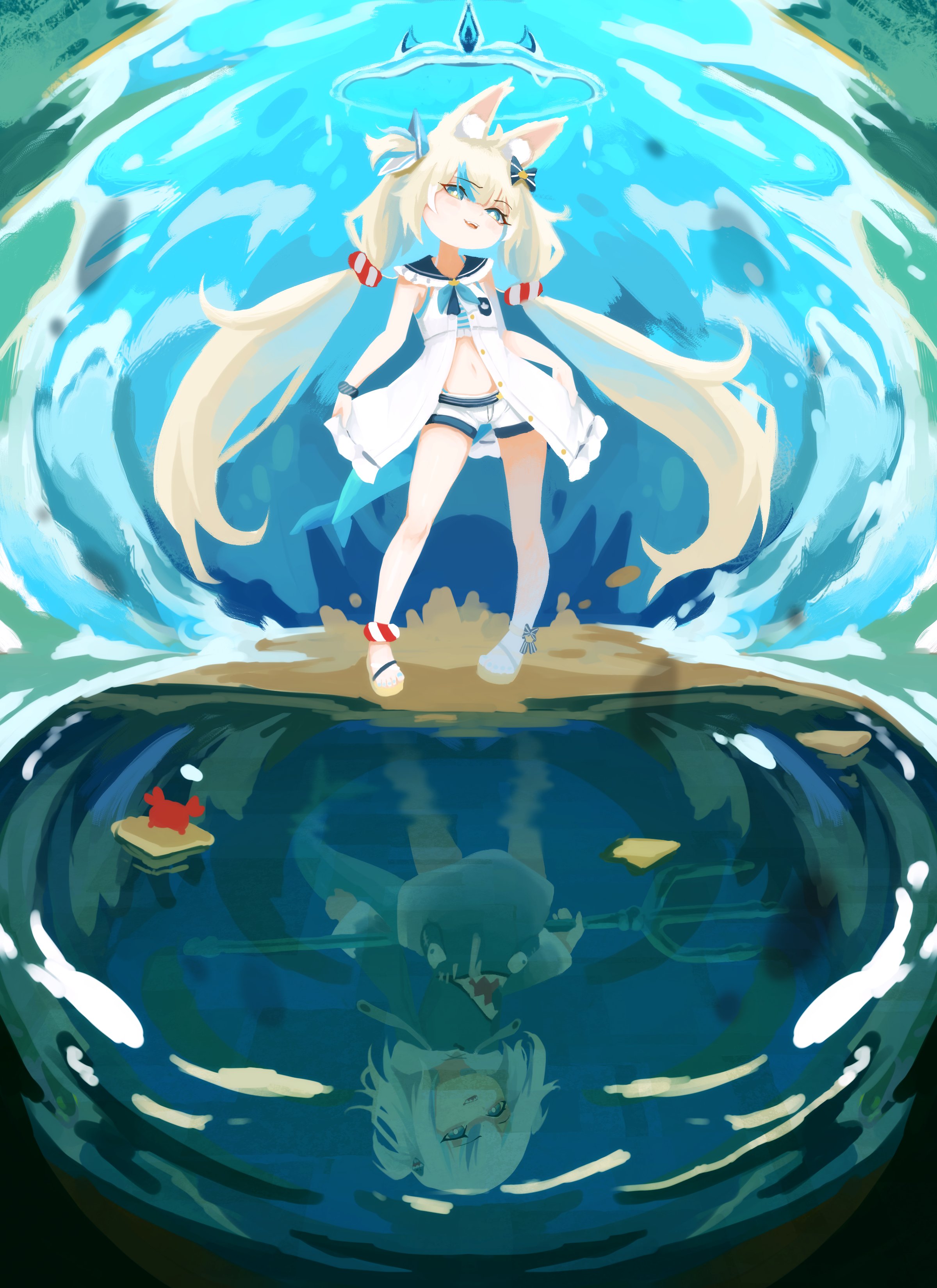 vonv (sejvon), gawr gura, sameko saba, hololive, hololive english, indie virtual youtuber, absurdres, commentary, highres, symbol-only commentary, animal ears, blonde hair, blue eyes, blue hoodie, cat ears, different reflection, dress, fins, fish girl, fish tail, hood, hoodie, long hair, medium hair, navel, reflection, shark girl, shark tail, short shorts, shorts, tail, twintails, very long hair, voice actor connection, water, white dress, white hair, white shorts