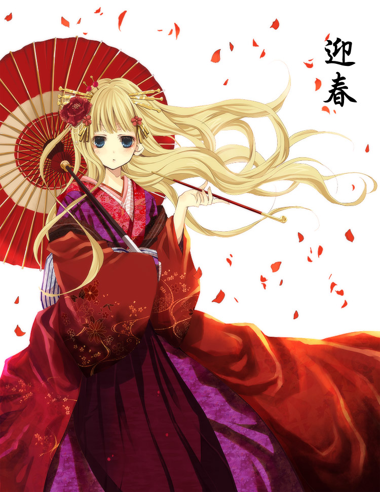 ringo komachi, beatrice (umineko), umineko no naku koro ni, bad id, bad pixiv id, 00s, 1girl, blonde hair, blue eyes, blush, female focus, flower, hair flower, hair ornament, japanese clothes, kimono, kiseru, long hair, oil-paper umbrella, parasol, petals, rose, rose petals, smoking pipe, solo, umbrella, yukata