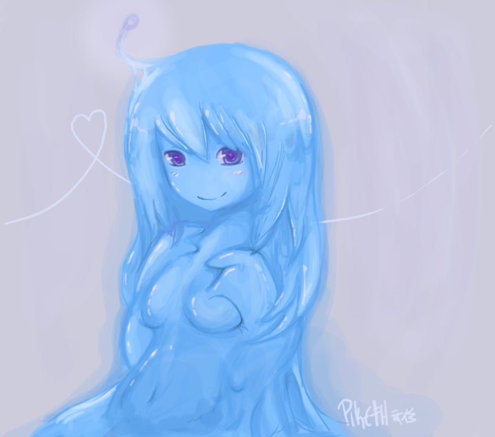 atapi, 1girl, antennae, blue hair, blue skin, blush, breasts, colored skin, female focus, gradient background, heart, looking at viewer, monster girl, omitted bits, purple eyes, signature, slime girl, smile, solo