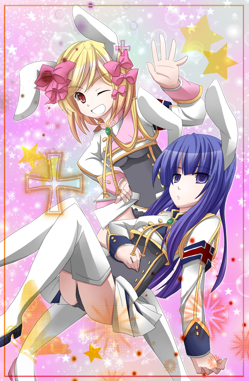 chiester sisters, frederica bernkastel, lambdadelta, umineko no naku koro ni, highres, 00s, animal ears, blonde hair, blue hair, floating, one eye closed, panties, pantyshot, purple hair, rabbit ears, red eyes, ribbon, smile, underwear, wink