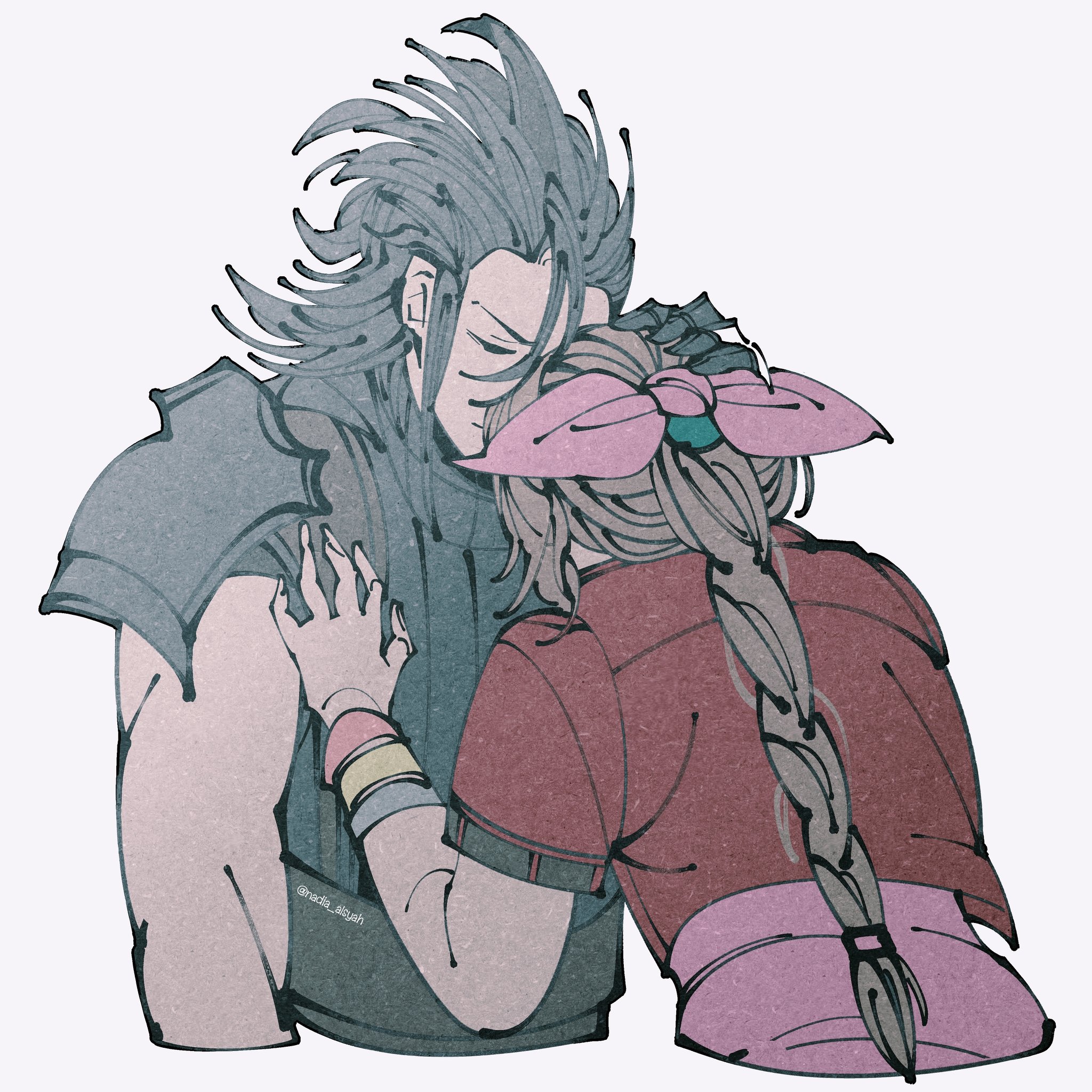 aerith gainsborough, zack fair, final fantasy, final fantasy vii, final fantasy vii remake, commentary, english commentary, highres, 1boy, 1girl, armor, black hair, black sweater, bracelet, braid, braided ponytail, brown hair, closed eyes, dress, hair ribbon, hair slicked back, hand on another's head, heads together, jacket, jewelry, leaning on person, long hair, nadia alsyah, pink dress, pink ribbon, ponytail, red jacket, ribbed sweater, ribbon, short sleeves, shoulder armor, simple background, sleeveless, sleeveless turtleneck, spiked hair, sweater, turtleneck, turtleneck sweater, upper body