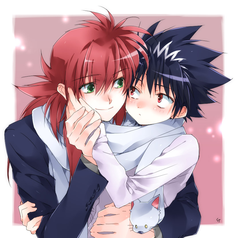 toujou sakana, hiei, kurama (yu yu hakusho), yuu yuu hakusho, 2boys, age difference, black hair, blush, green eyes, male focus, multiple boys, onii-shota, red eyes, red hair, scarf, shared clothes, shared scarf, sharing, short hair, smile, spiked hair, yaoi
