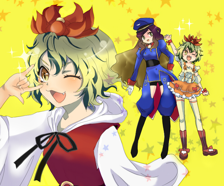 momochink, hijiri byakuren, ranka lee, sheryl nome, toramaru shou, macross, macross frontier, touhou, bad id, bad pixiv id, 3girls, m/, cosplay, fang, female focus, full body, multiple girls, parody, ranka lee (cosplay), seikan hikou, sheryl nome (cosplay), standing, thighhighs, upper body