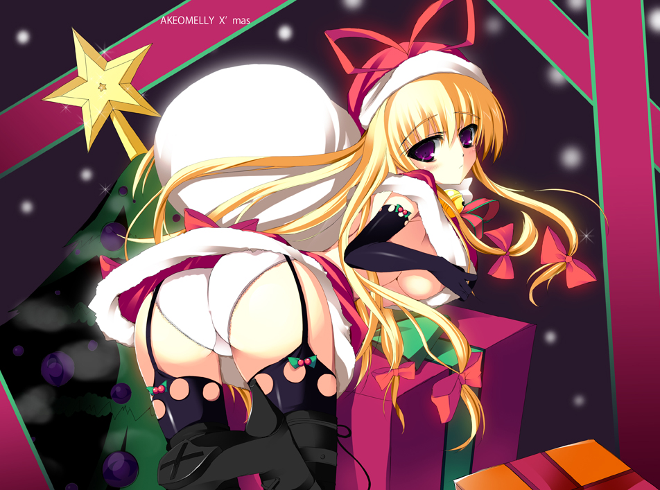 shikano sumiaki, yakumo yukari, touhou, bad id, bad pixiv id, 1girl, alternate costume, ass, bent over, black boots, black gloves, black thighhighs, blonde hair, boots, breasts, christmas, elbow gloves, female focus, garter belt, garter straps, gloves, hat, hat ribbon, high heel boots, high heels, large breasts, long hair, looking at viewer, looking back, panties, purple eyes, ribbon, santa hat, sideboob, solo, thighhighs, underwear